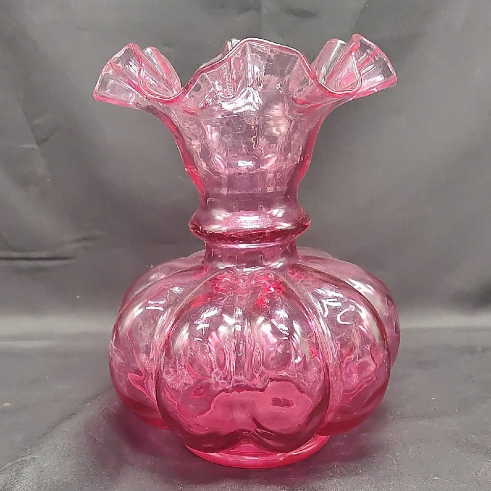 Fenton Cranberry Double Optic Crimped Vase